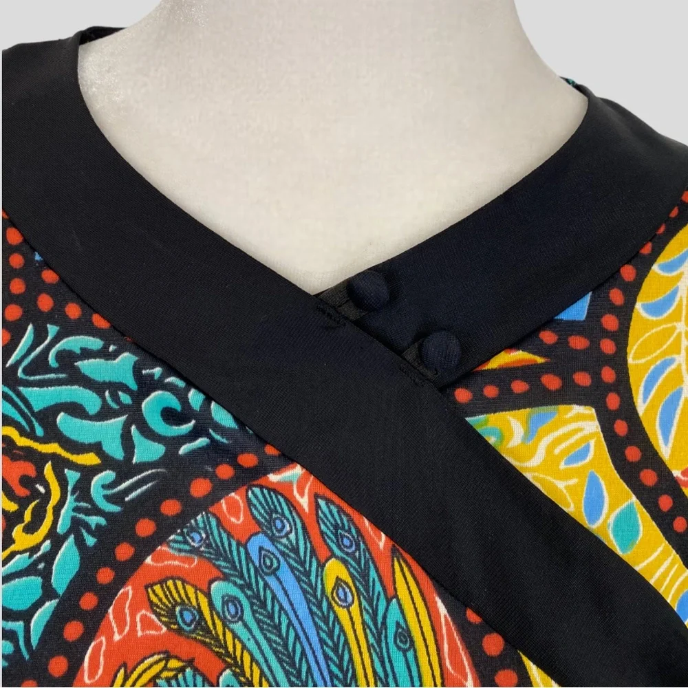 Vintage 70s Lorraine Multicolor Rooster Print Maxi Loungewear Dress